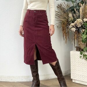 NWT Time & Tru Dark Red Cotton Corduroy Front Slit Pencil Midi Skirt S